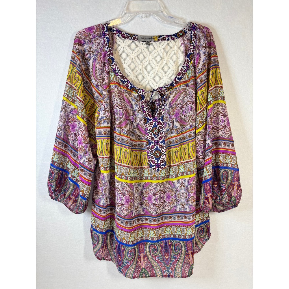 Figueroa & Flower Womens 3X Paisley Boho Lace Yoke Blouse Tunic ASI464W Purple